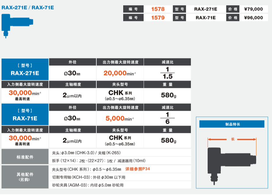 日本NAKANISHI侧铣直角电主轴RAX-271E