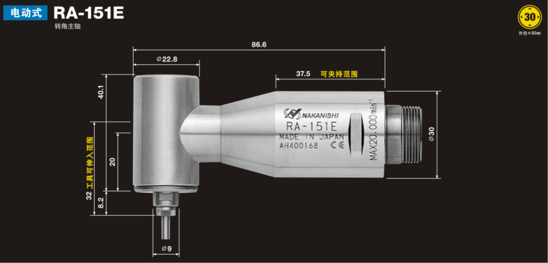 日本NAKANISHI侧铣直角电主轴RA-151E