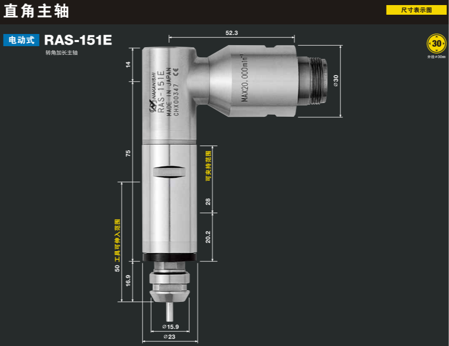 日本NAKANISHI侧铣直角电主轴RAS-151E