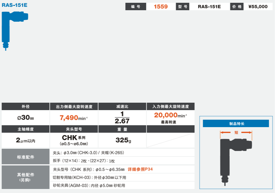 日本NAKANISHI侧铣直角电主轴RAS-151E