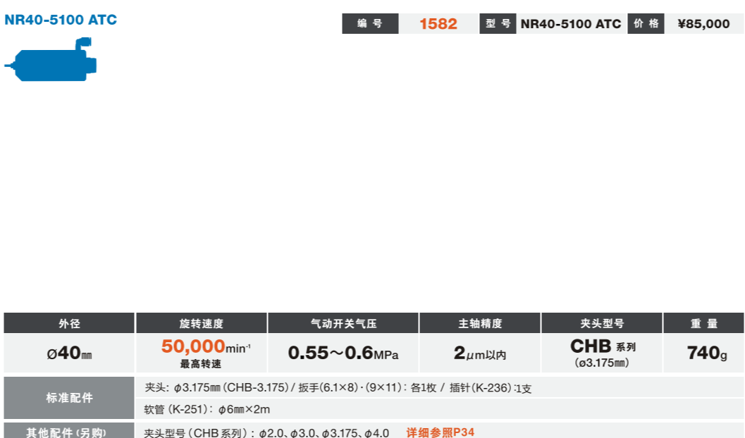 NAKANISHI气动换刀主轴NR40-5100ATC