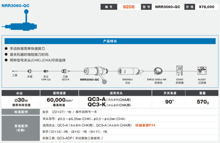 日本NAKANISHI快速换刀电主轴NRR3060-QC
