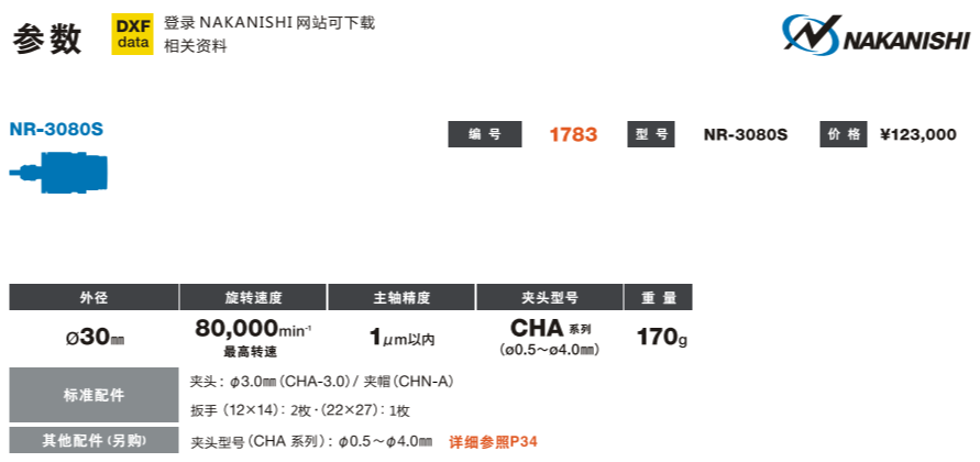 日本NAKANISHI高转速主轴NR-3080S