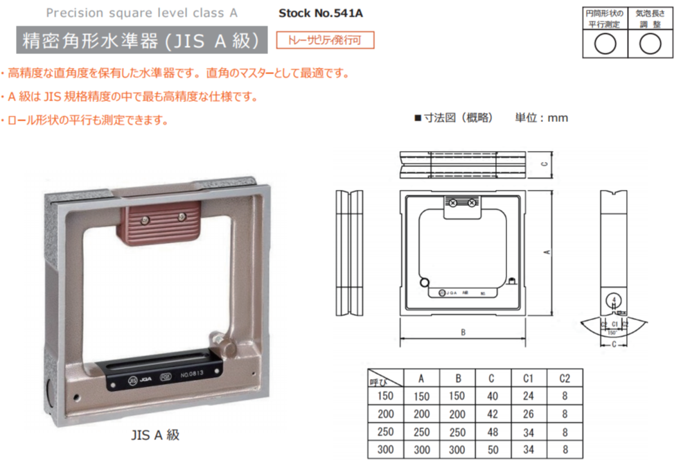 日本RSK方型水平尺钳工水平仪框式水平仪541-2502A